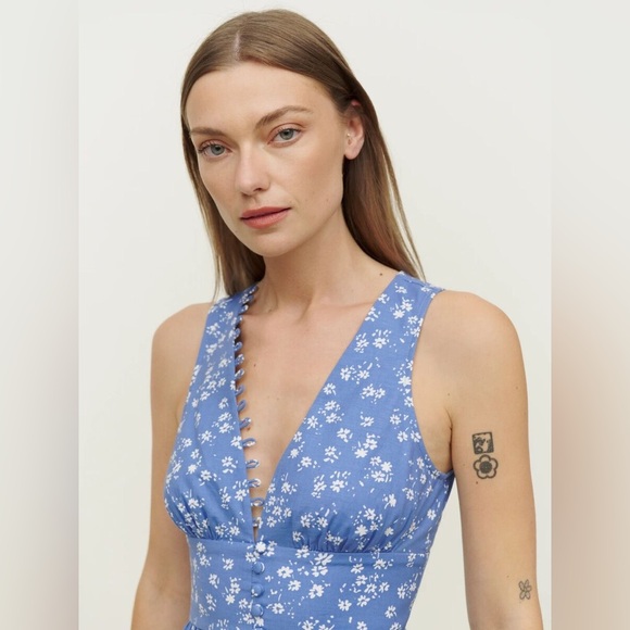 Reformation Isador Light Blue Cotton Sundress with White Floral Print (Size 8) - Picture 2 of 8